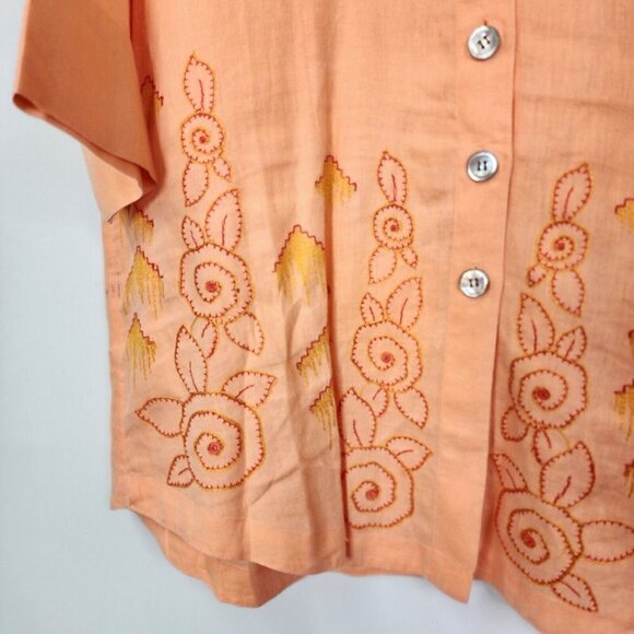 J Jill Womens Orange 100% Linen Long Sleeve Tunic Top Button Down Embroidered M - Picture 3 of 14